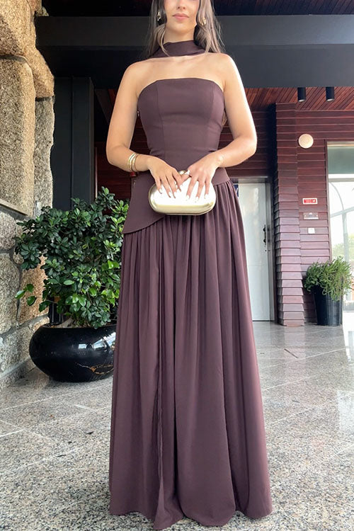 Margovil Strapless Tube Back Lace-up Slit Splice Maxi Party Dress