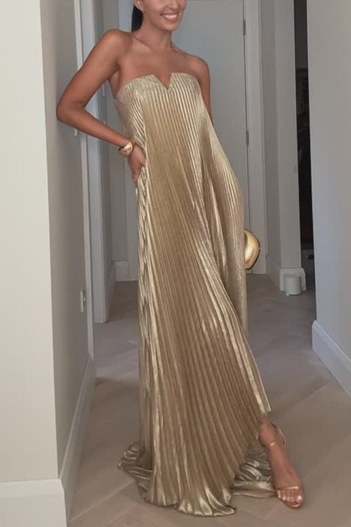 Margovil V Neck Strapless Pleated Maxi Party Dress
