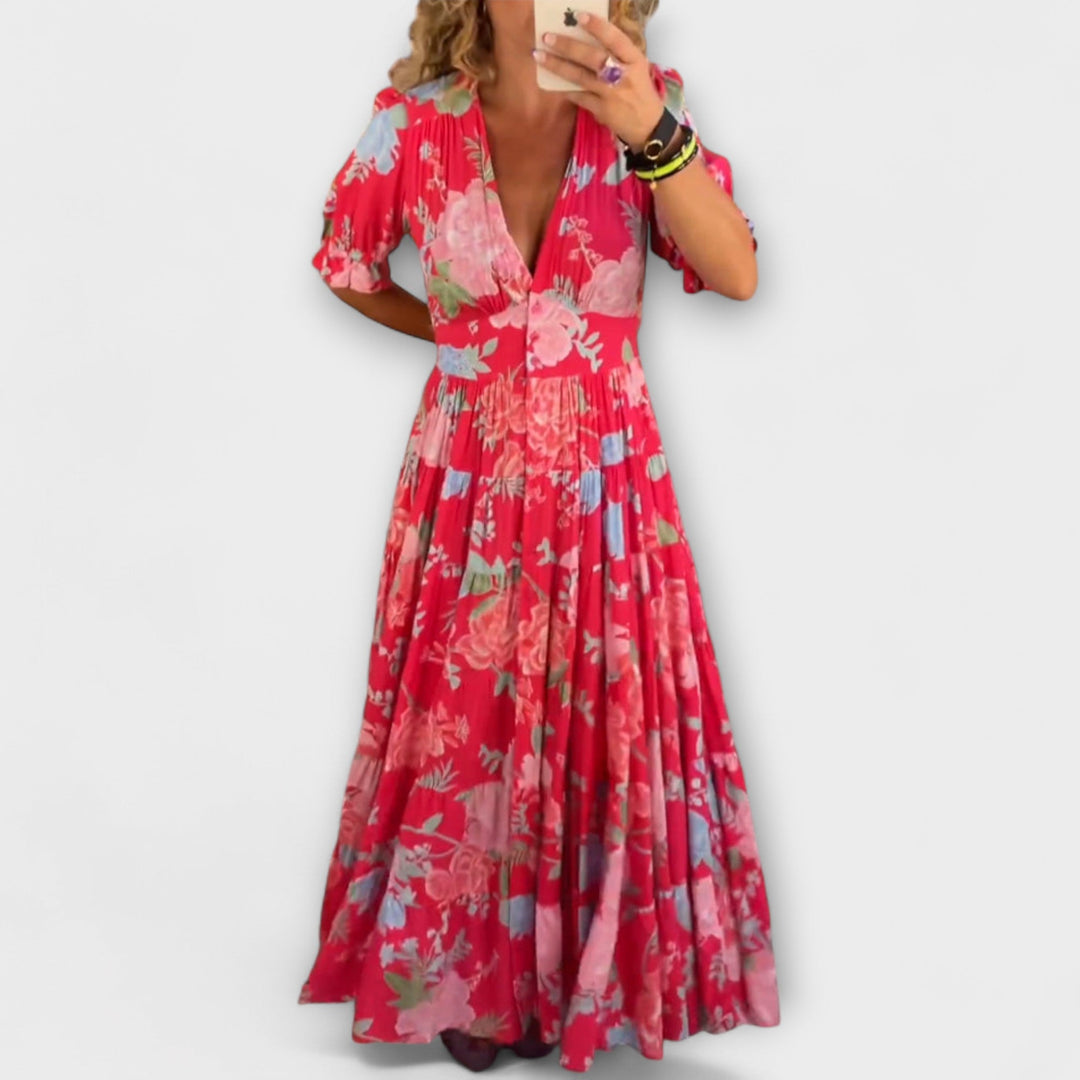 Catrisa - Floral Dress with V-Neck Cut and Pockets