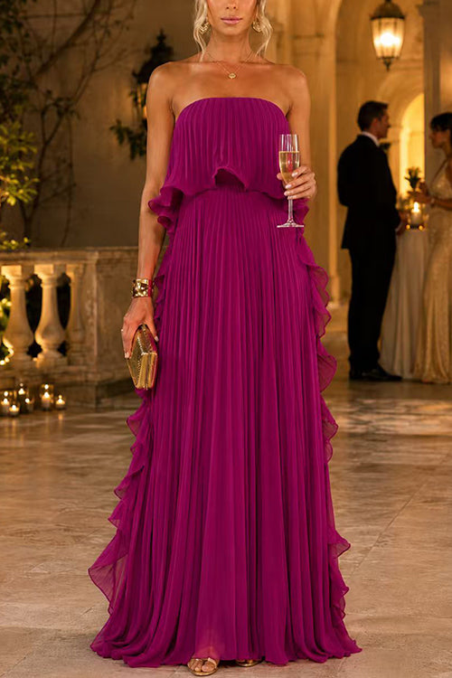 Margovil Strapless Tube Ruffle Pleated Swing Maxi Dress