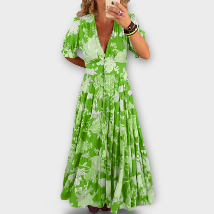 Catrisa - Floral Dress with V-Neck Cut and Pockets