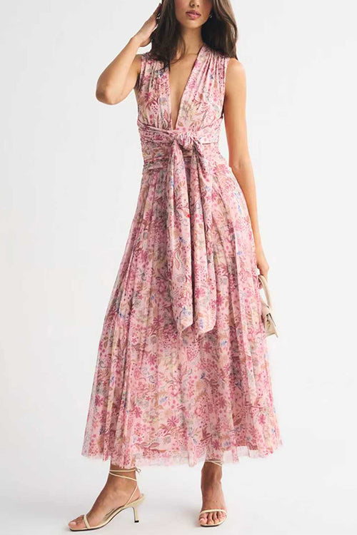 Halter V Neck Floral Print Maxi Dress