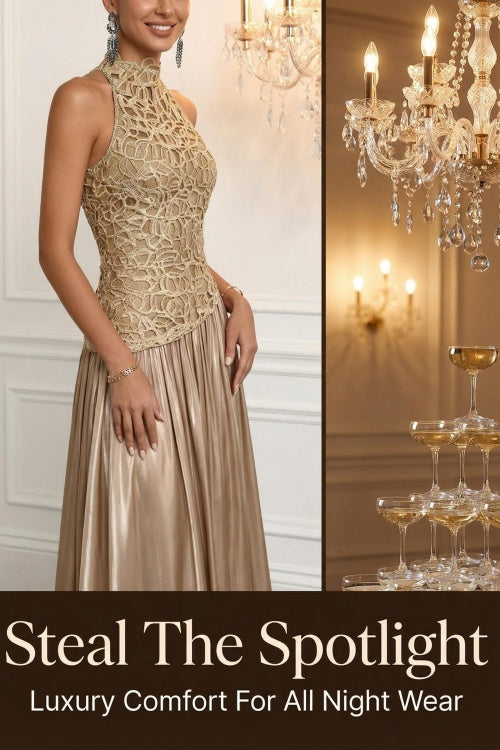 Mockneck Sleeveless Lace Splice Satin Maxi Dress