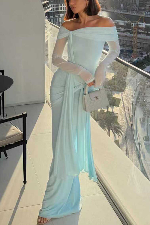 Margovil Off Shoulder Long Sleeves Knot Waist Draped Maxi Dress