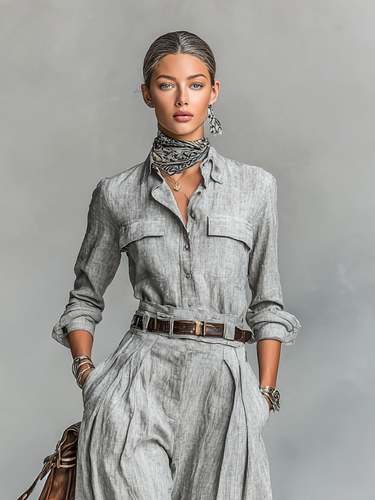 Cotton-linen Blend Long-sleeved Shirt And Trousers Two-piece Set (belt Not Included)