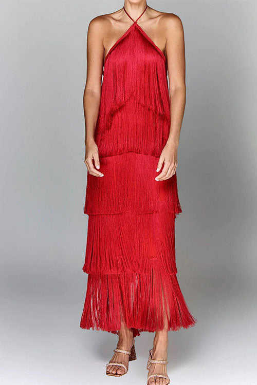 Margovil Chicest Halter Ruffle Layered Fringe Maxi Party Dress