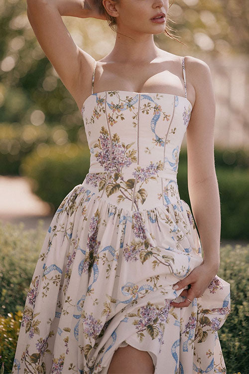 Margovil Spaghetti Strap Floral Print Bustier A-line Maxi Dress