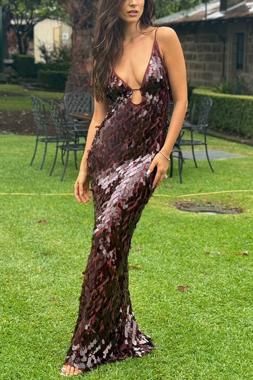 Margovil Spaghetti Strap V Neck Glitter Sequin Maxi Party Dress