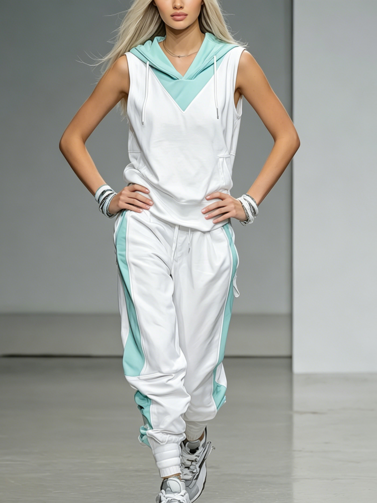 White & Teal Hooded Athleisure Set