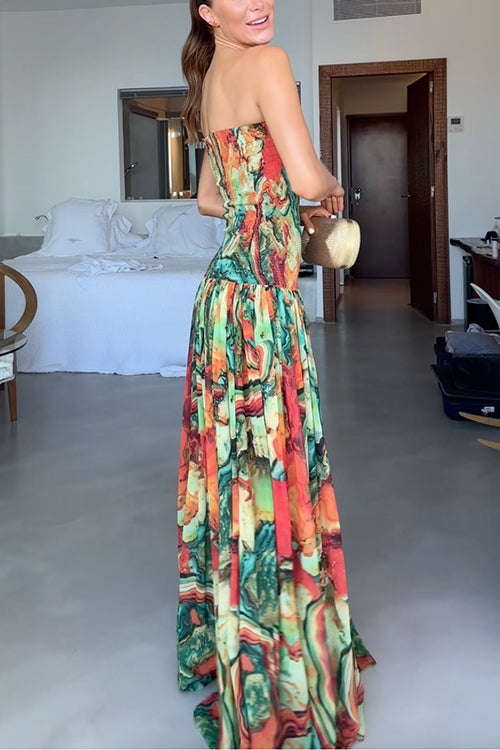 Strapless Smocked Ombre Print Swing Maxi Dress