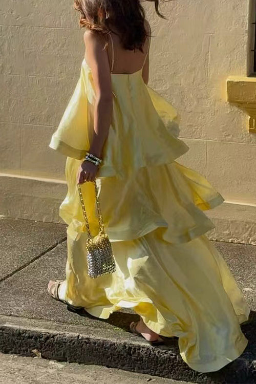 Margovil Spaghetti Strap Ruffle Layered Satin Maxi Dress