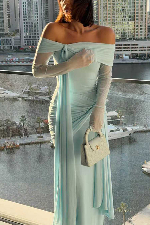 Margovil Off Shoulder Long Sleeves Knot Waist Draped Maxi Dress