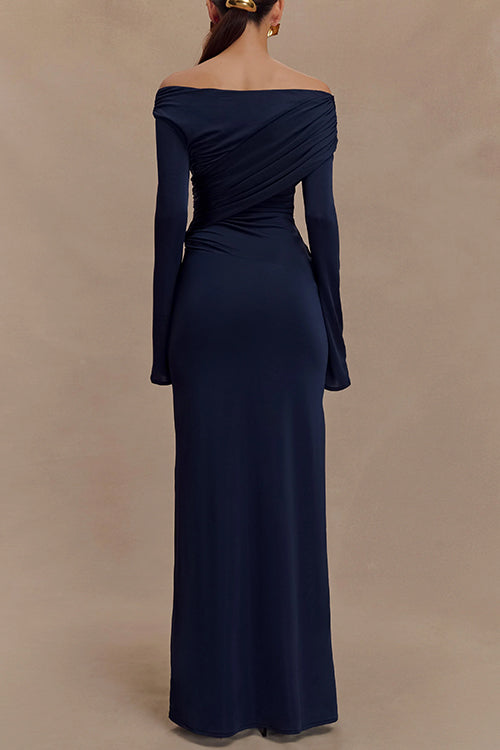 Off Shoulder Long Sleeves Ruched Solid Maxi Dress
