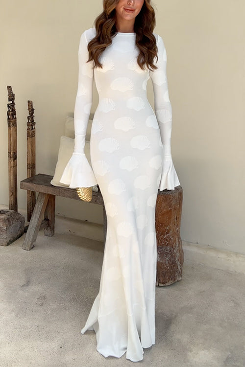 Margovil Bell Long Sleeves Backless Lace-up Shell Print Maxi Dress