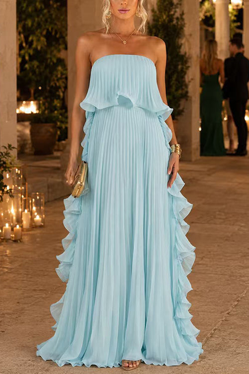 Margovil Strapless Tube Ruffle Pleated Swing Maxi Dress