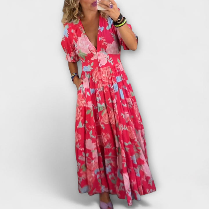 Catrisa - Floral Dress with V-Neck Cut and Pockets