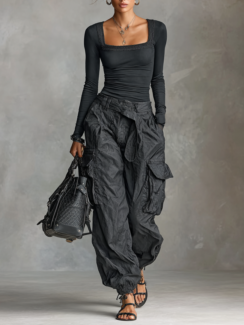 Women's Square Neck Long Sleeve T-Shirt Multi-Pocket Cargo Pants Two-Piece Set