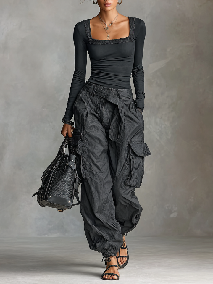 Women's Square Neck Long Sleeve T-Shirt Multi-Pocket Cargo Pants Two-Piece Set