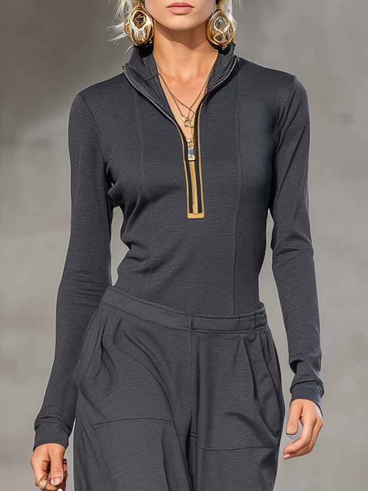 Casual Retro Sports Dark Gray Half-high Collar Front Zipper Long-sleeved Top And Wide Pants Set