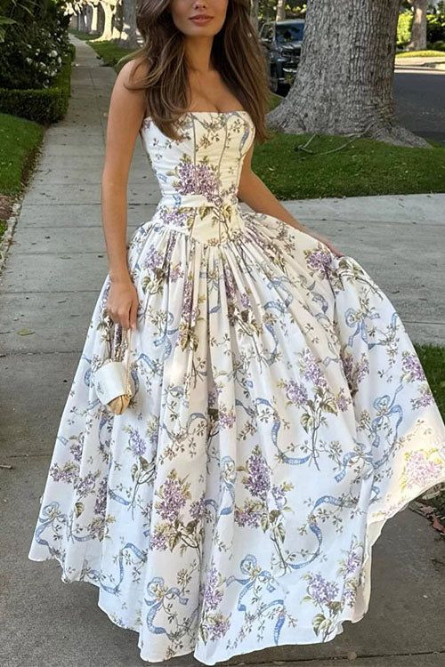 Margovil Spaghetti Strap Floral Print Bustier A-line Maxi Dress