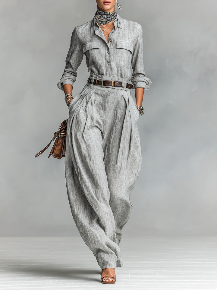 Cotton-linen Blend Long-sleeved Shirt And Trousers Two-piece Set (belt Not Included)