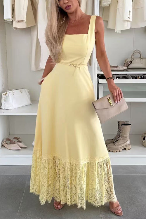 Square Neck Sleeveless Lace Splice Maxi Dress