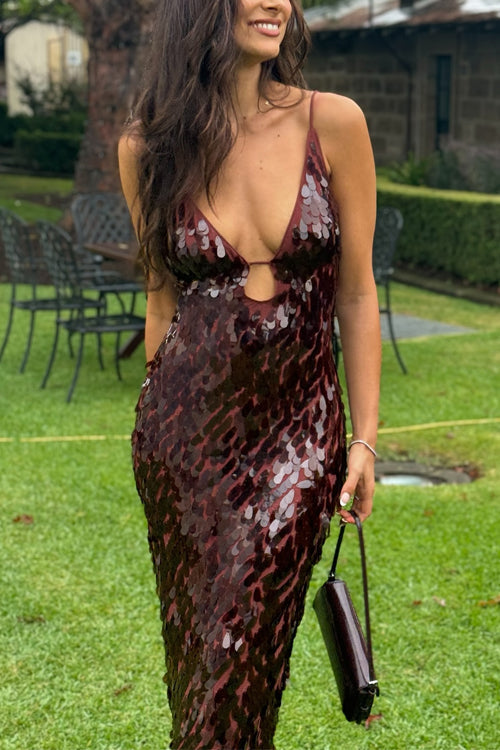 Margovil Spaghetti Strap V Neck Glitter Sequin Maxi Party Dress