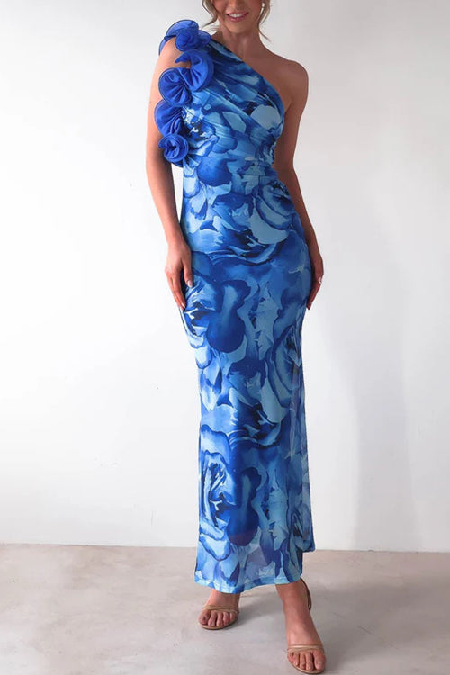 Margovil Ruffle One Shoulder Floral Print Bodycon Maxi Dress