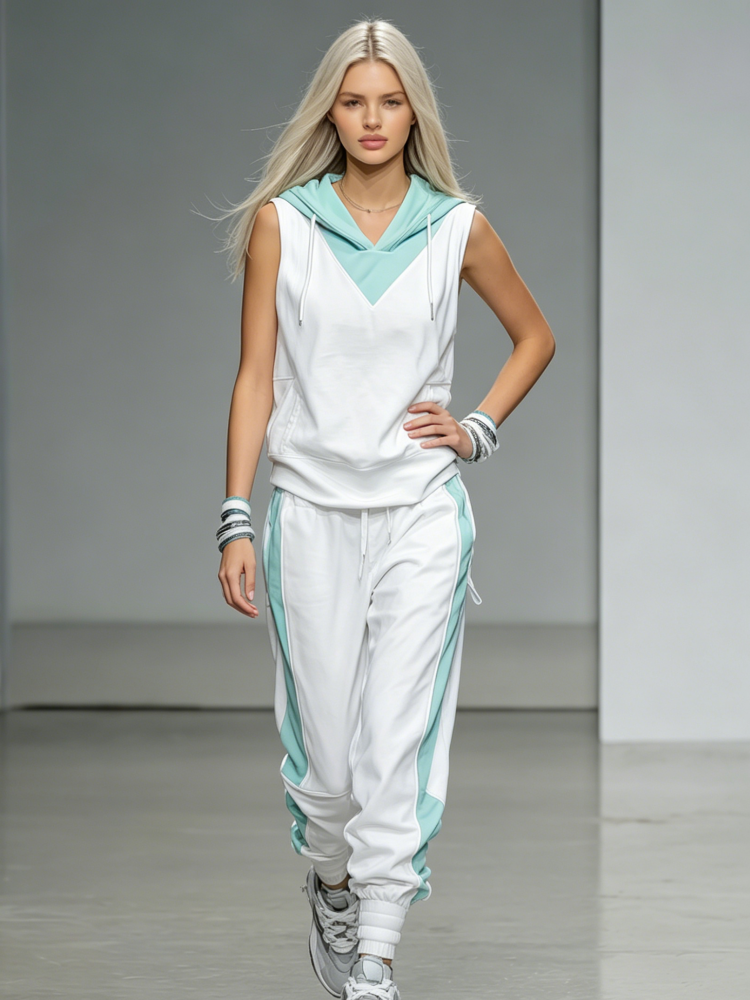 White & Teal Hooded Athleisure Set