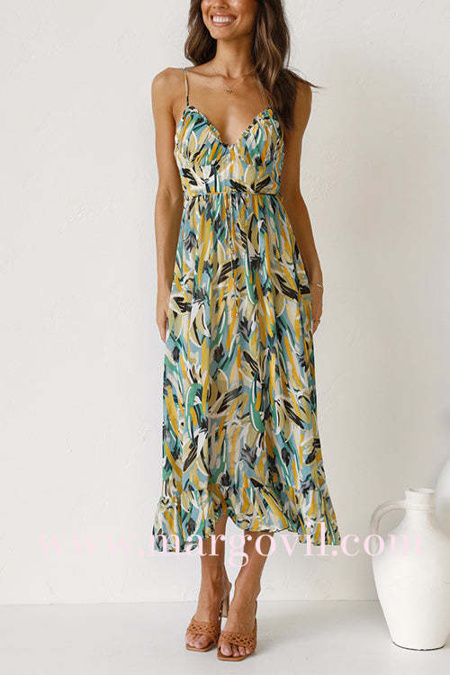V Neck Tie Waist Abstract Print Midi Cami Dress