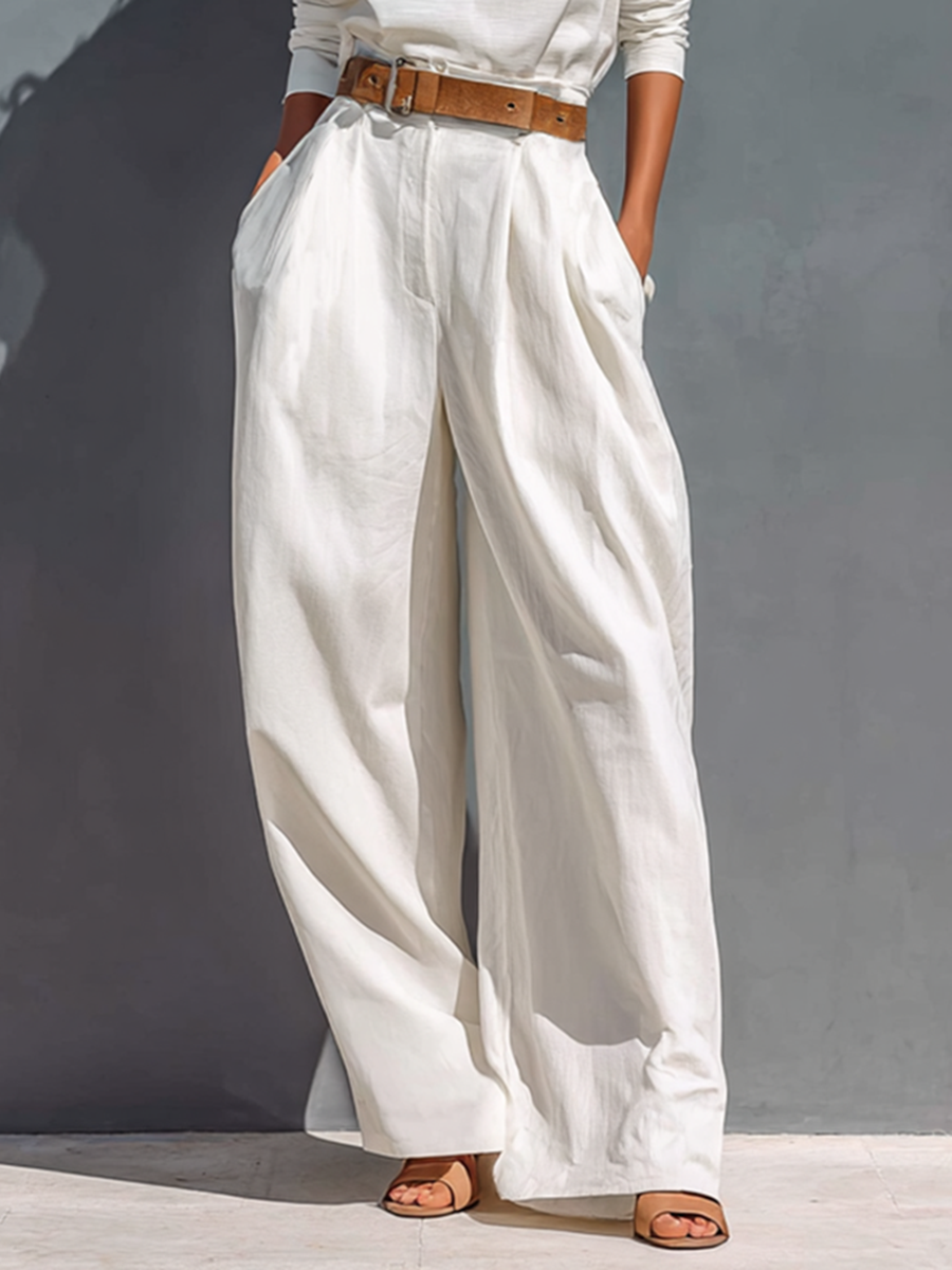 All White Half High Neck Long Sleeve Loose T-shirt Wide Legs Two-piece Set (Belt Not Included)