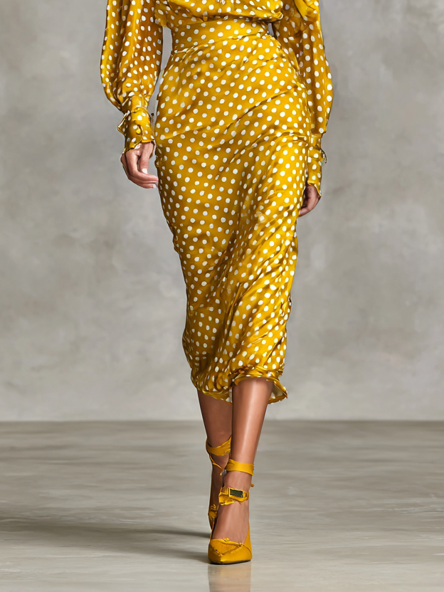 Women's Vintage Satin Polka Dot Print Shirt And Skirt Two-Piece Set (Not including scarf)