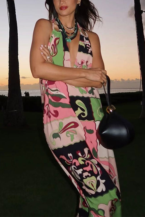 Halter V Neck Backless Printed Maxi Dress