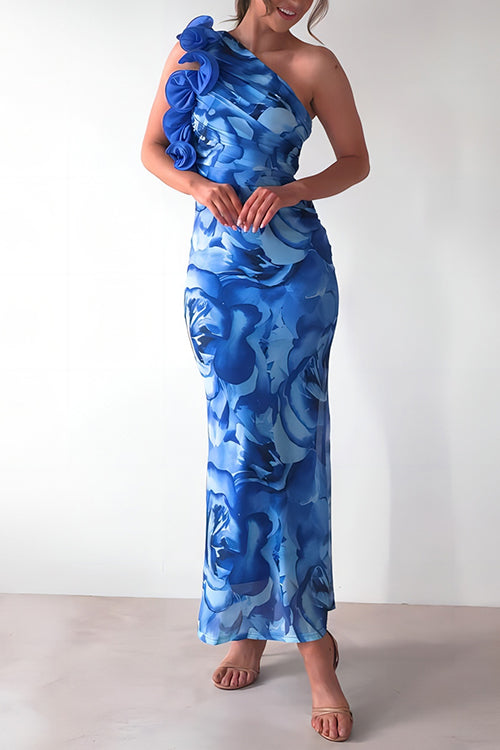 Margovil Ruffle One Shoulder Floral Print Bodycon Maxi Dress