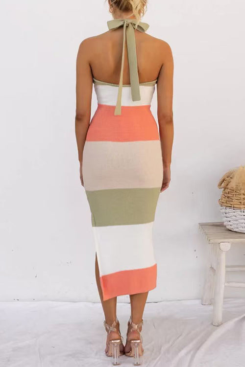Halter Neck Color Block Side Slit Knit Midi Dress