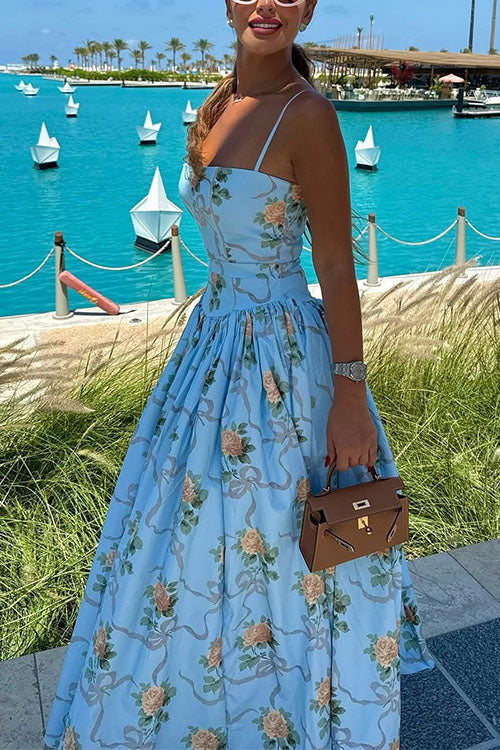 Margovil Spaghetti Strap Waisted Floral Print A-line Maxi Dress