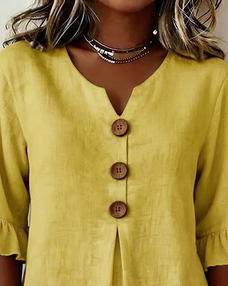 V-Neck Blouse with Wooden Buttons and Ruffled Sleeves