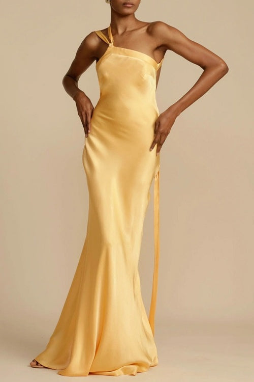 One Shoulder Backless Satin Maxi Party Dress
