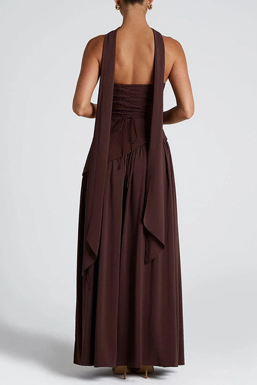 Margovil Strapless Back Lace-up High Slit Splice Maxi Dress
