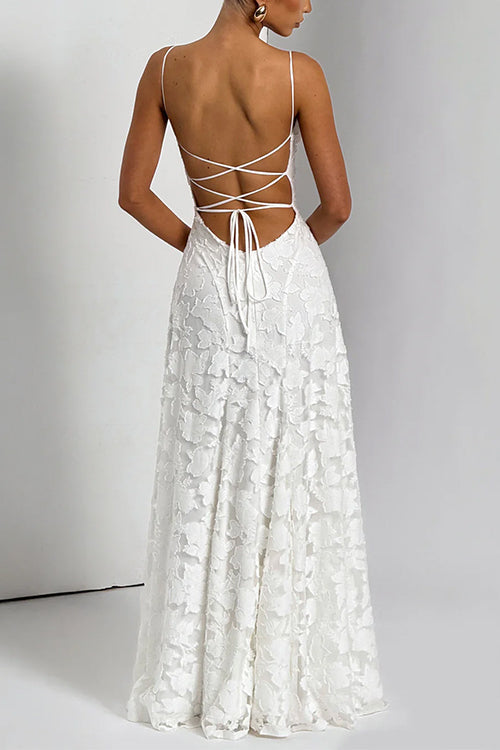 Margovil Spaghetti Strap Backless Lace-up Jacquard Maxi Dress