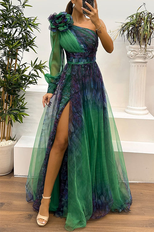 Margovil One Shoulder Long Sleeve Mesh Printed Slit Maxi Dress
