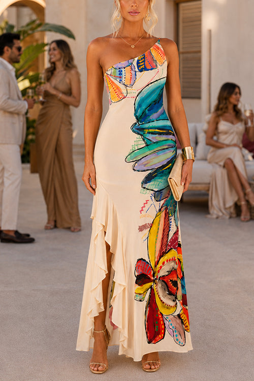 One Shoulder Floral Print Ruffle Hem Slit Maxi Dress