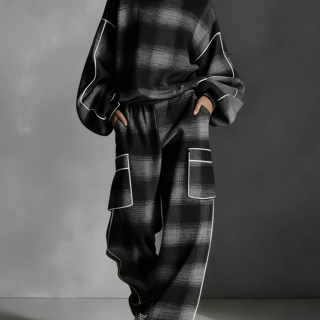 Red-Grey Plaid Contrast Sweatsuit Set