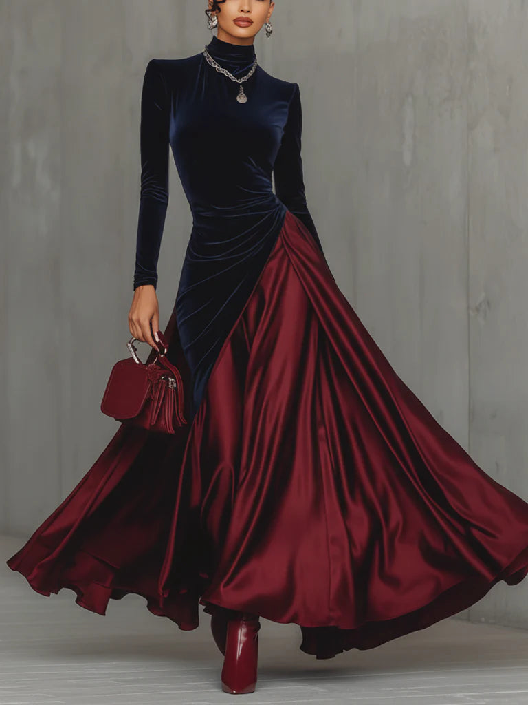 Bidelia | Elegant two-tone long dress in velvet and satin with a flowing skirt