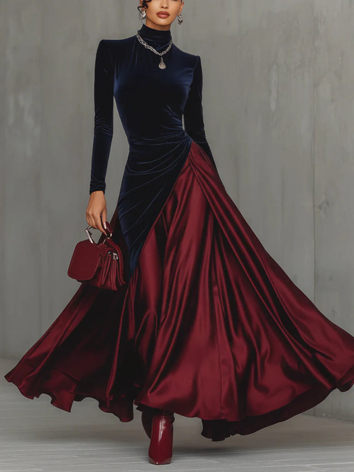 Bidelia | Elegant two-tone long dress in velvet and satin with a flowing skirt