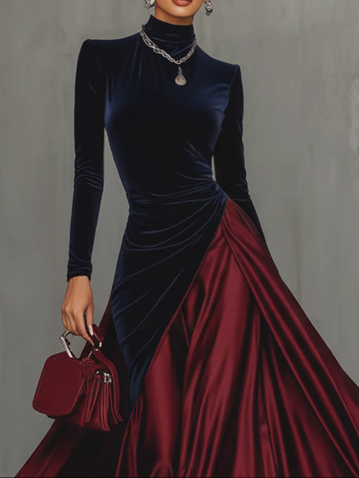 Bidelia | Elegant two-tone long dress in velvet and satin with a flowing skirt