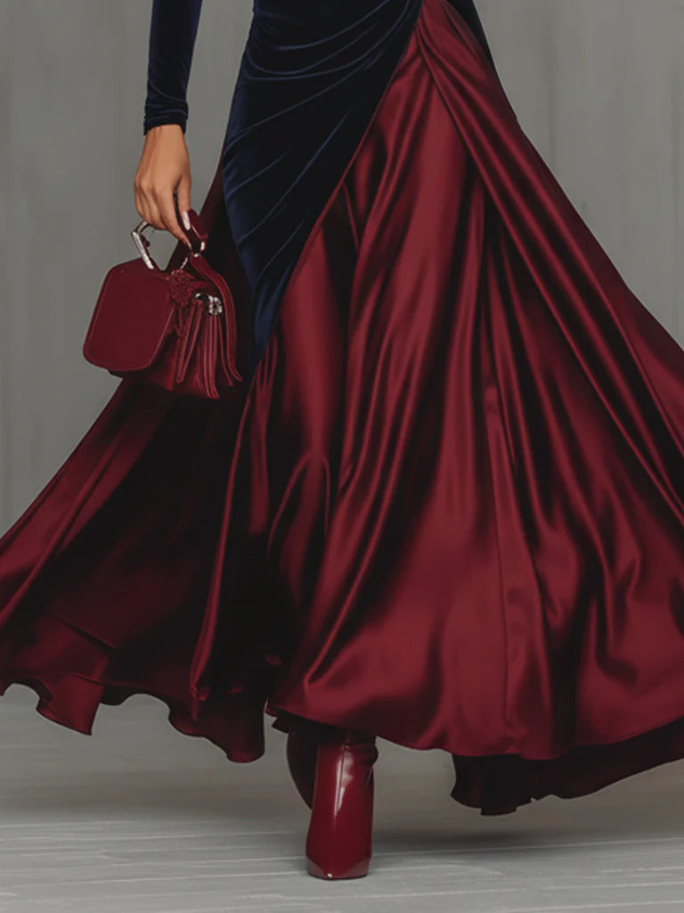 Bidelia | Elegant two-tone long dress in velvet and satin with a flowing skirt