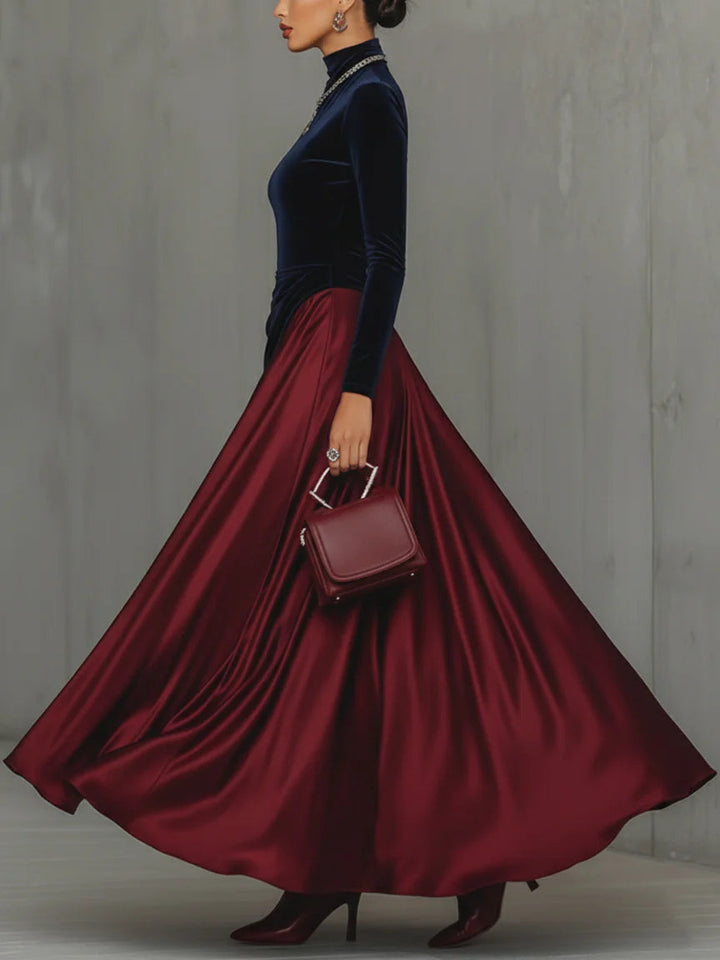 Bidelia | Elegant two-tone long dress in velvet and satin with a flowing skirt