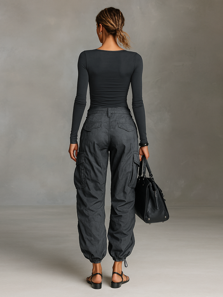 Women's Square Neck Long Sleeve T-Shirt Multi-Pocket Cargo Pants Two-Piece Set