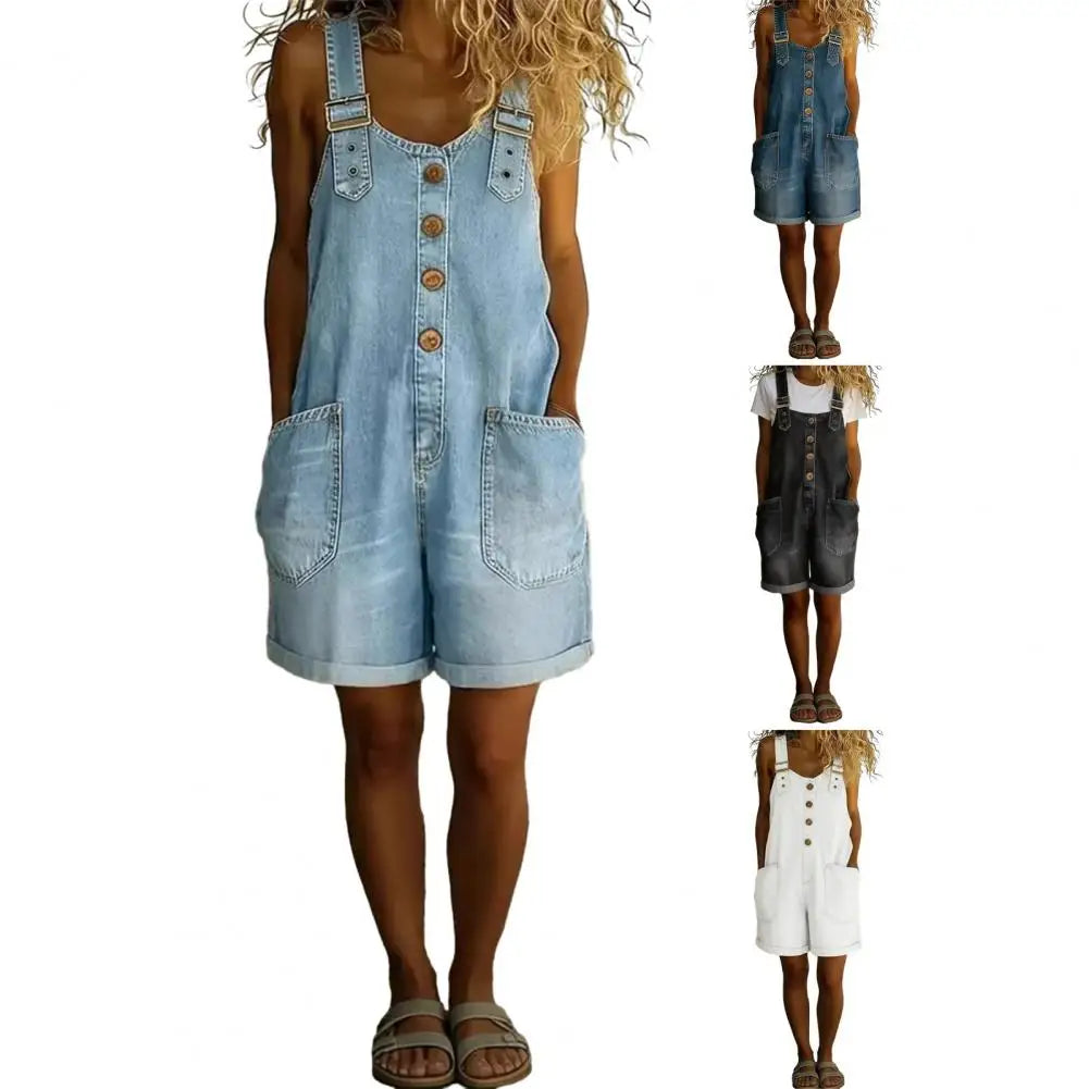 Saylor - Vintage short Cotton Denim-Look Overalls with Adjustable straps